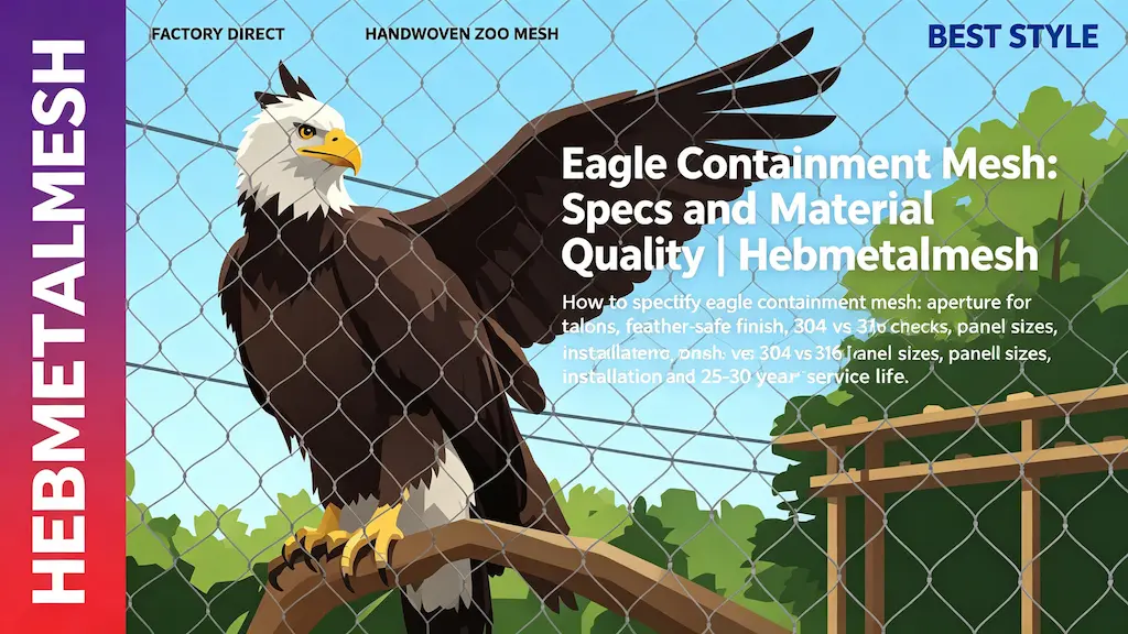 Eagle containment mesh – specs and material quality guide with 304 vs 316 stainless steel by Hebmetalmesh; flat vector illustration of a bald eagle behind full-coverage handwoven stainless steel wire rope netting in a raptor aviary.