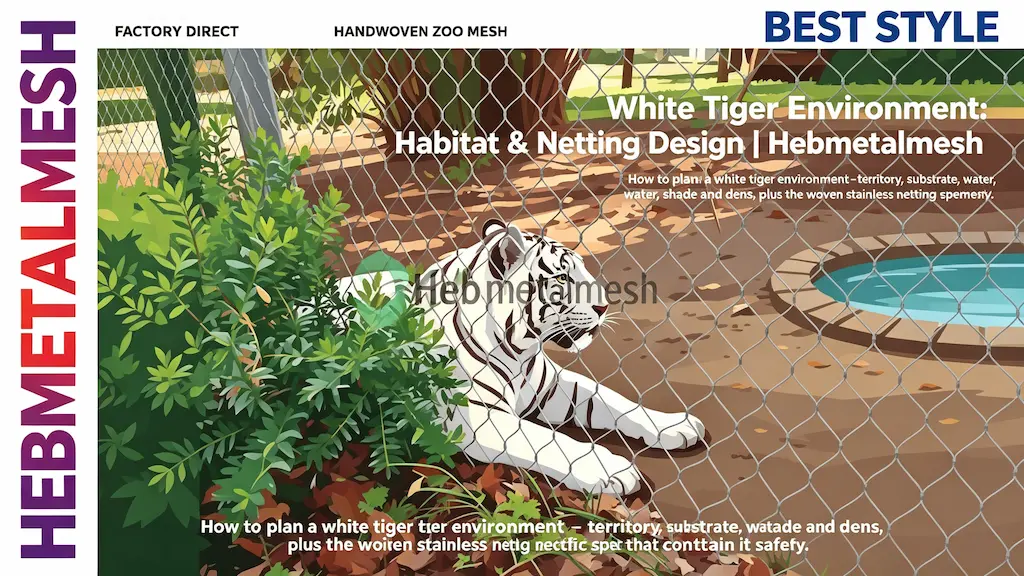 White tiger environment – habitat and netting design guide with woven stainless steel netting by Hebmetalmesh; flat vector illustration of a white tiger resting behind full-coverage handwoven stainless steel wire rope netting in a naturalistic zoo enclosure.