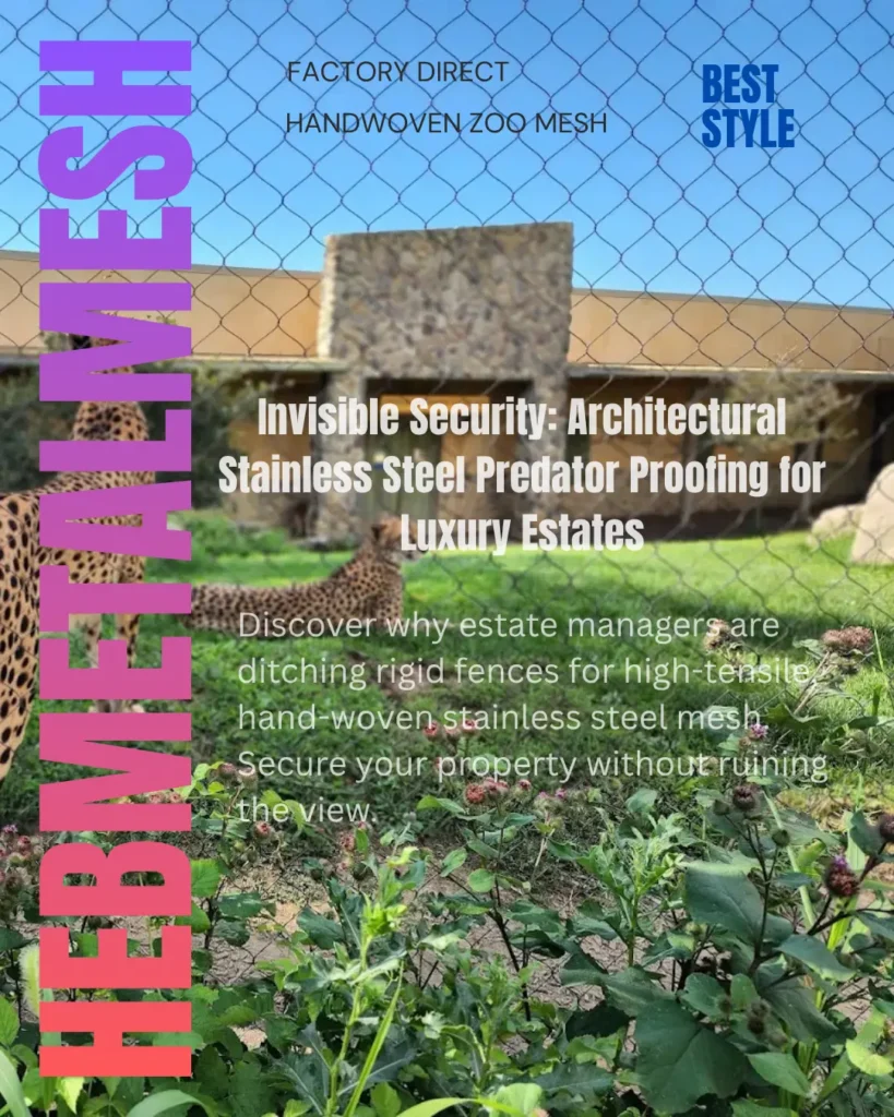 Hand-woven 316 stainless steel cable mesh used for invisible predator proofing and architectural fencing on a luxury estate perimeter.