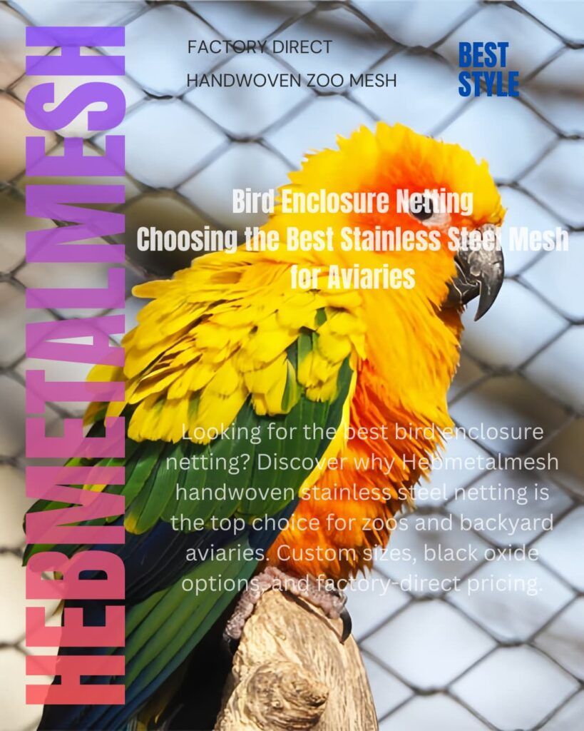 Handwoven stainless steel bird enclosure netting by Hebmetalmesh featuring a colorful parrot in a zoo-grade aviary.