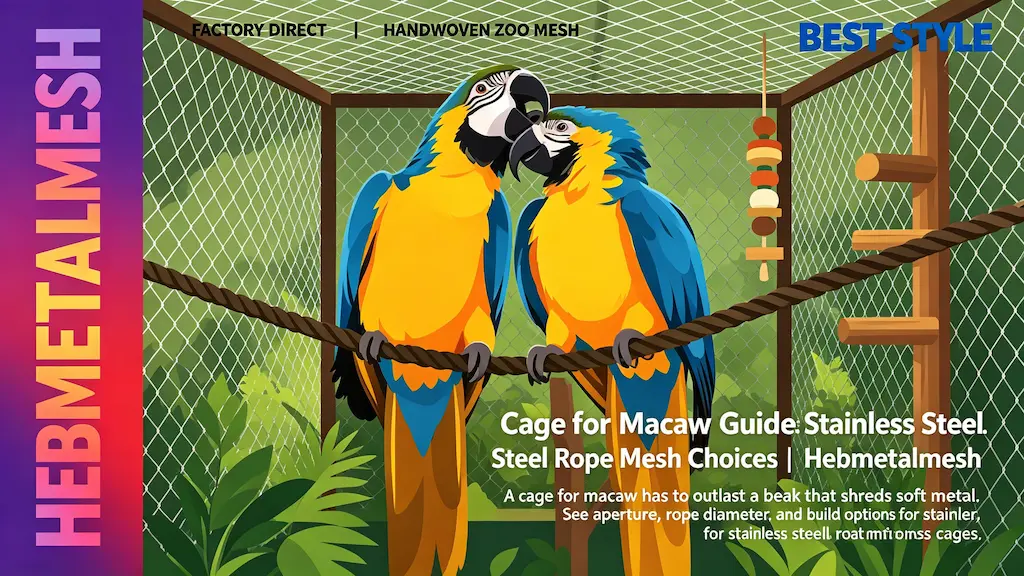 Cage for macaw guide – stainless steel rope mesh choices for bite-proof macaw aviaries by Hebmetalmesh; flat vector illustration of blue-and-gold macaws perched inside handwoven stainless steel wire rope netting with toys and perches.