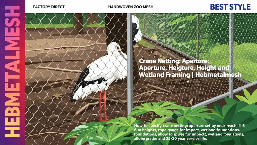 Crane netting – aperture, height and wetland framing guide for 4-6m crane aviaries by Hebmetalmesh; flat vector illustration of a white crane standing behind full-coverage handwoven stainless steel wire rope netting in a wetland zoo enclosure.