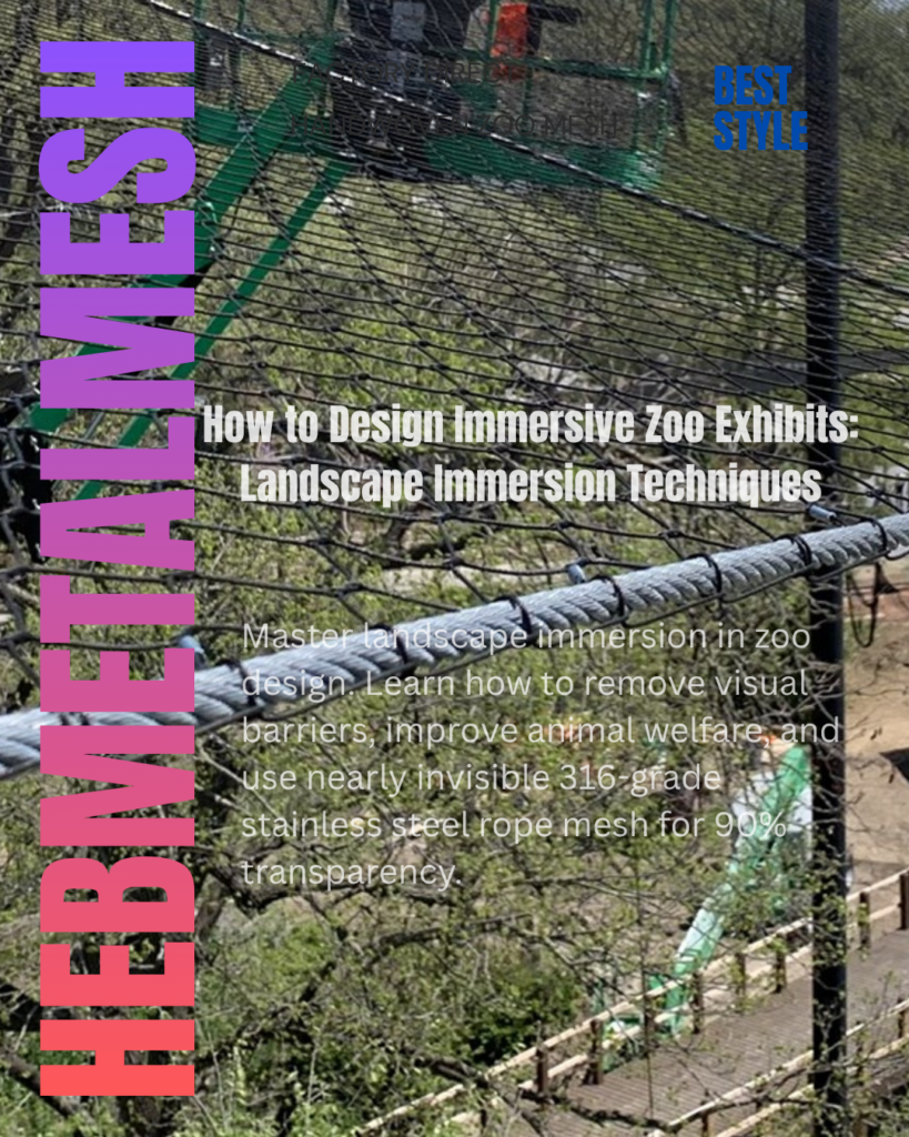 A high-tension stainless steel rope mesh installation for a modern zoo exhibit, demonstrating 90% transparency and landscape immersion techniques for animal enclosures.