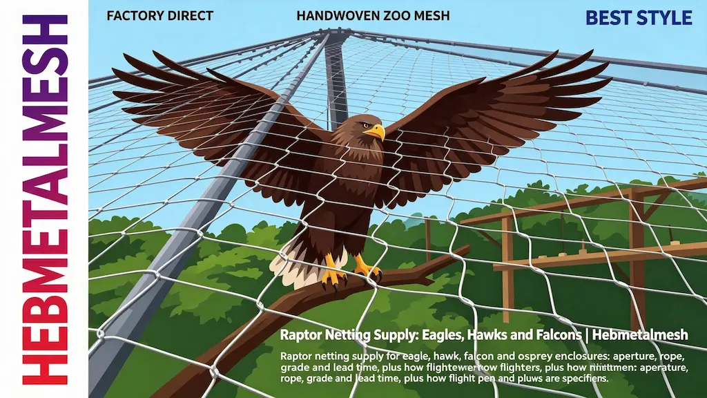 Raptor netting supply – eagles, hawks, falcons and osprey enclosure mesh by Hebmetalmesh; flat vector illustration of a bald eagle with spread wings behind full-coverage handwoven stainless steel wire rope netting in a raptor flight pen.