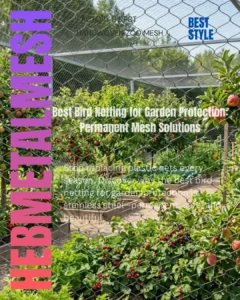 A permanent garden enclosure using stainless steel bird wire mesh to protect fruit trees and raised vegetable beds from birds and pests while maintaining high visibility.