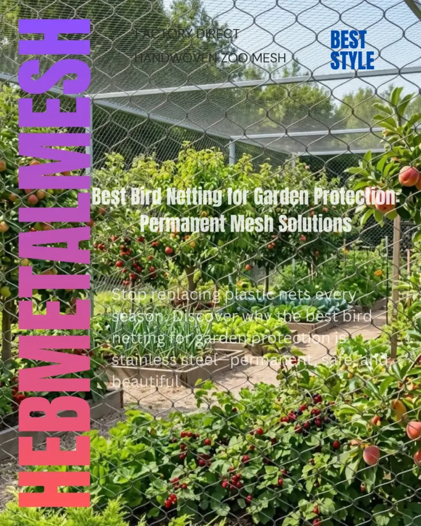 A permanent garden enclosure using stainless steel bird wire mesh to protect fruit trees and raised vegetable beds from birds and pests while maintaining high visibility.