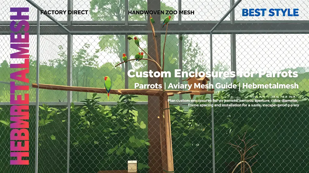 Custom enclosures for parrots – aviary mesh guide with aperture, cable diameter and frame spacing by Hebmetalmesh; flat vector illustration of colorful parrots perched behind full-coverage handwoven stainless steel wire rope netting in a bird aviary.