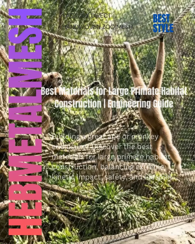 A large primate safely climbing on a black oxide treated handwoven stainless steel wire rope mesh enclosure, demonstrating the material's flexibility, transparency, and safety in a modern naturalistic zoo habitat.