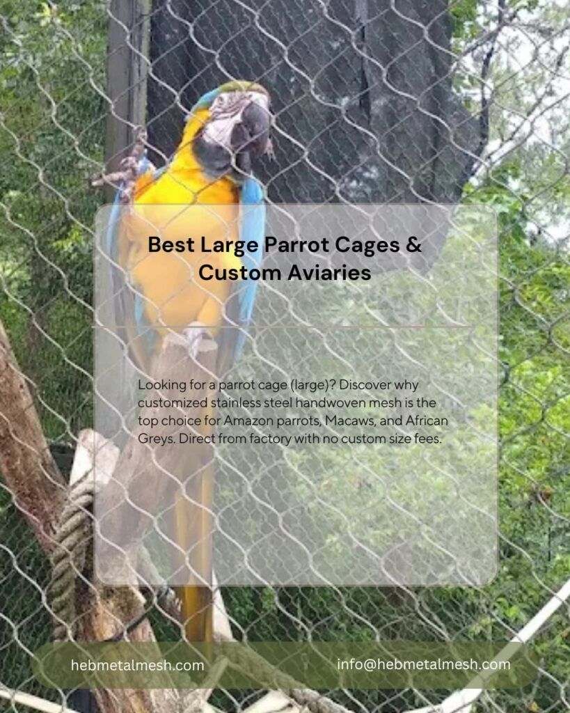 Large macaw in a custom black oxide stainless steel handwoven mesh aviary