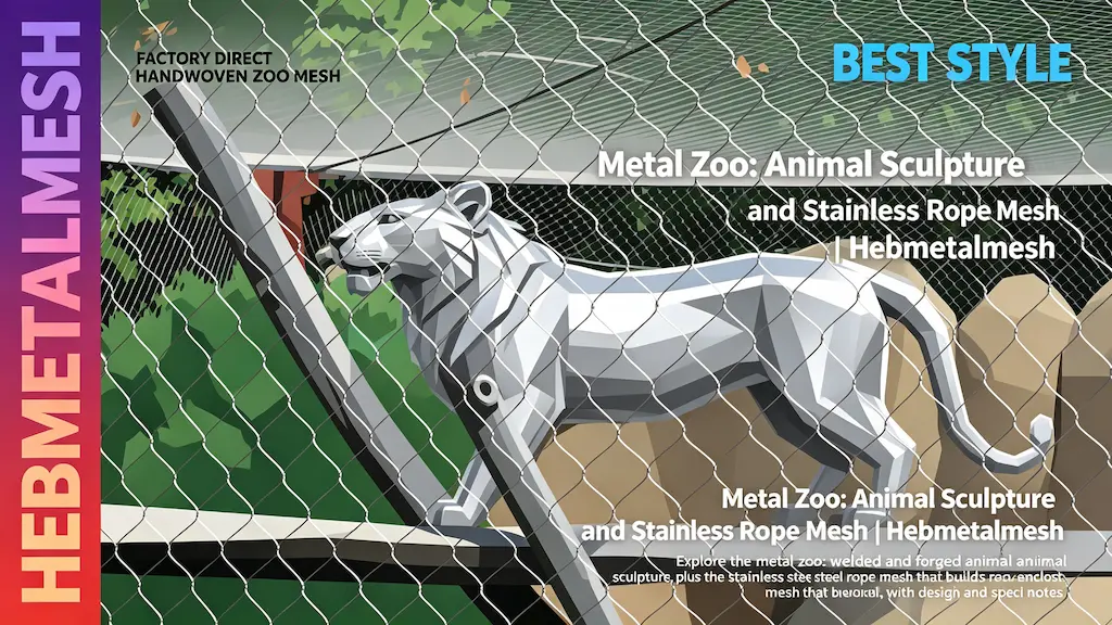 Metal zoo – welded animal sculpture and stainless steel rope mesh for zoo enclosures by Hebmetalmesh; flat vector illustration of a metal leopard sculpture behind full-coverage handwoven stainless steel wire rope netting in a zoo setting.