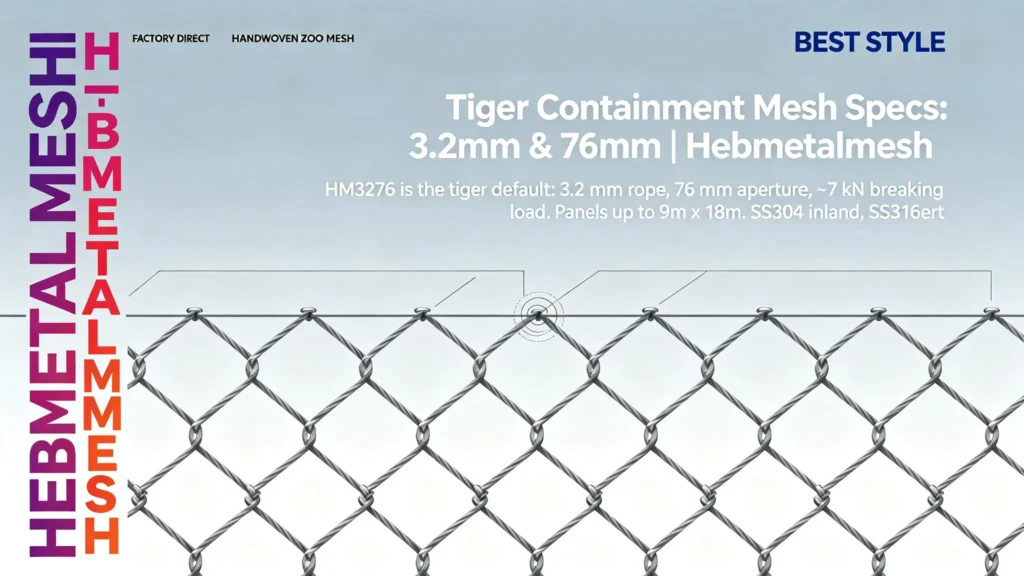 Tiger containment mesh specs – HM3276 3.2mm rope, 76mm aperture, 7kN breaking load by Hebmetalmesh; flat vector illustration of hand-woven ferrule-knotted stainless steel cable mesh with spec annotations.