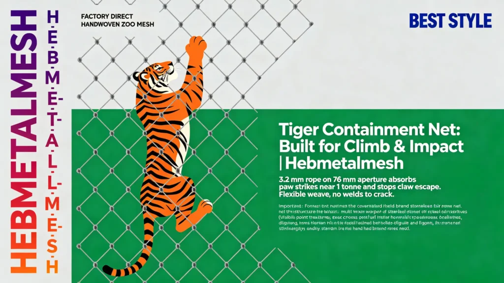 Tiger containment net built for climb and impact – 3.2mm 76mm hand-woven stainless steel rope mesh by Hebmetalmesh; flat vector illustration of a tiger climbing full-coverage ferrule-knotted stainless steel cable netting.