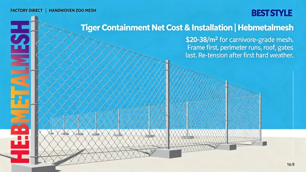 Tiger containment net cost and installation – $20–38/m² carnivore-grade stainless rope mesh by Hebmetalmesh; flat vector illustration of zoo tiger fence installation with hand-woven stainless steel cable mesh.