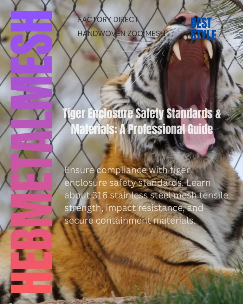 A yawning tiger behind high-tensile 316 stainless steel rope mesh, illustrating tiger enclosure safety standards and impact-resistant materials from hebmetalmesh.