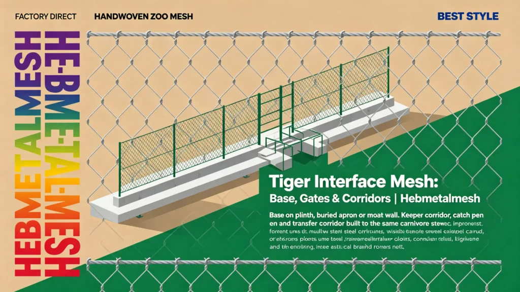 Tiger interface mesh – base plinth, buried apron, moat wall, keeper corridor and catch pen details by Hebmetalmesh; flat vector illustration of tiger enclosure interface with hand-woven stainless steel rope netting.