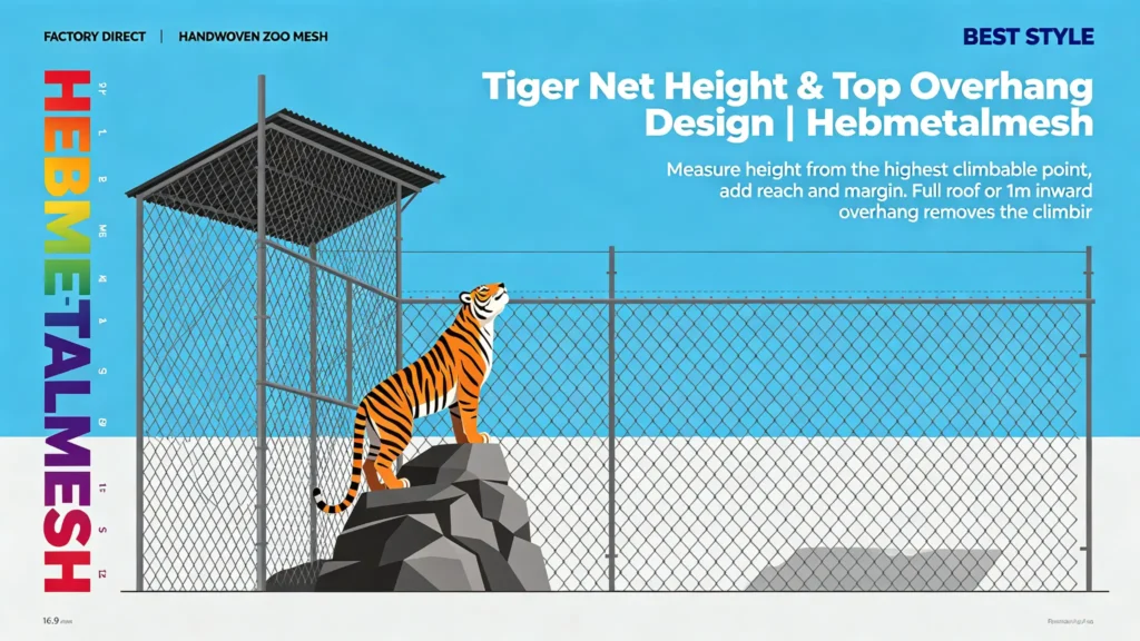 Tiger net height and top overhang design – full roof or 1m inward overhang to prevent climbing escape by Hebmetalmesh; flat vector illustration of a tall tiger enclosure with hand-woven stainless steel rope mesh.
