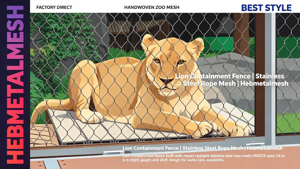 Lion containment fence – HM3276 impact-resistant stainless steel rope mesh for 5-6m zoo lion exhibits by Hebmetalmesh; flat vector illustration of a lioness resting behind full-coverage handwoven stainless steel wire rope netting in a big-cat enclosure.