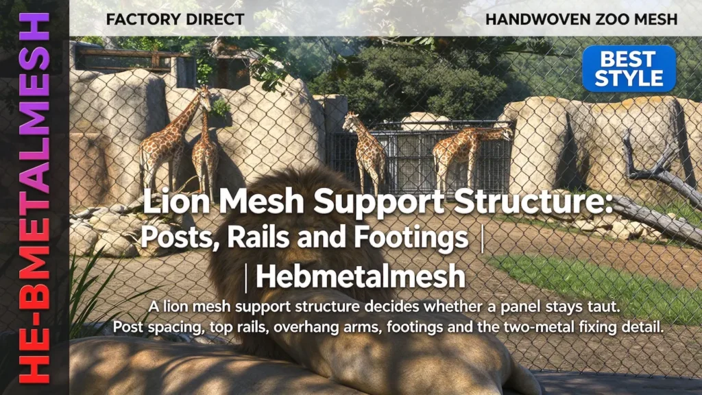 Lion mesh support structure – posts, top rails, overhang arms, footings and two-metal fixing detail that keeps panels taut by Hebmetalmesh; 3D product render of zoo enclosure fencing with full-coverage stainless steel cable netting.