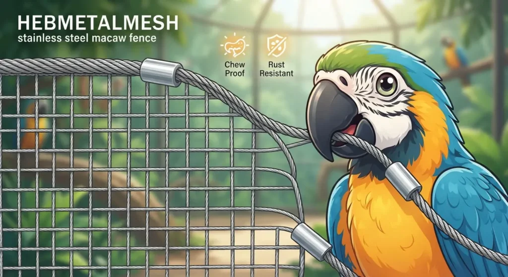 Anime vector of stainless steel macaw fence mesh being chewed by a blue and gold macaw, showing beak-proof and rust-resistant icons.