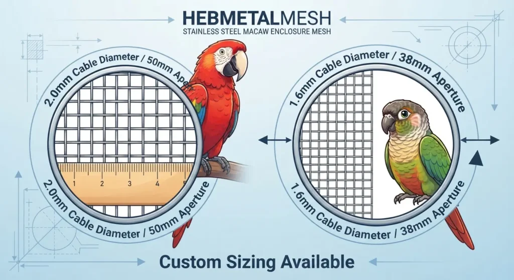 Anime vector infographic comparing HEBMETALMESH stainless steel macaw enclosure mesh specifications, showing different cable diameters and aperture sizes with a Scarlet Macaw and a Conure for scale.