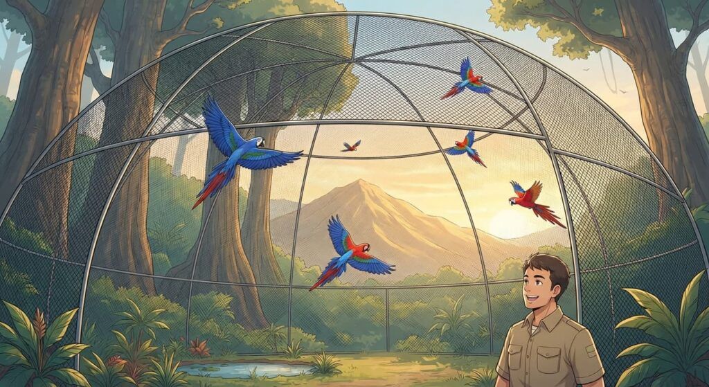 Majestic wide-angle anime vector illustration of a large outdoor macaw aviary at sunset, built with HEBMETALMESH stainless steel macaw aviary mesh, showing Hyacinth and Scarlet Macaws in free flight.