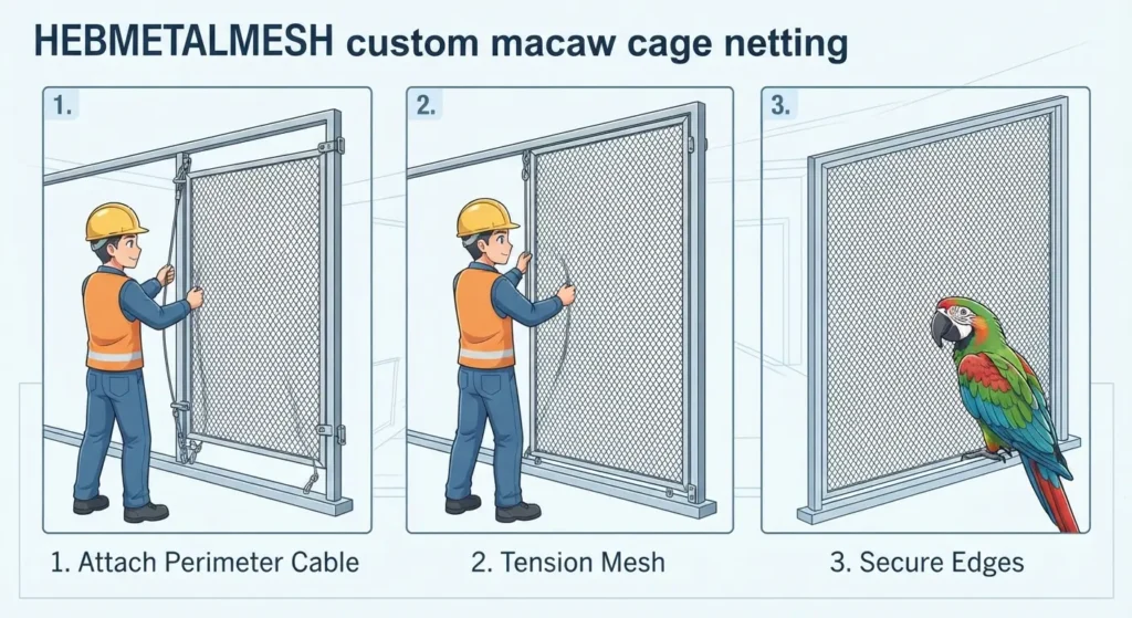 Step-by-step anime vector illustration demonstrating the easy installation of HEBMETALMESH custom macaw cage netting, showing a worker attaching and tensioning the mesh on a metal frame.