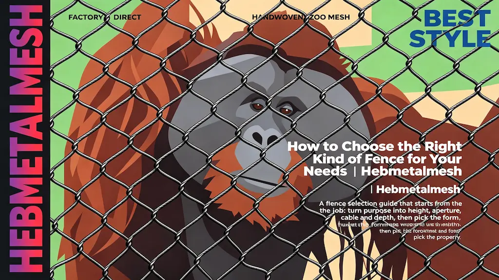 How to choose the right kind of fence for your needs – selection guide covering height, aperture, cable and depth by Hebmetalmesh; editorial flat illustration of an orangutan behind full-coverage hand-woven stainless steel cable netting.