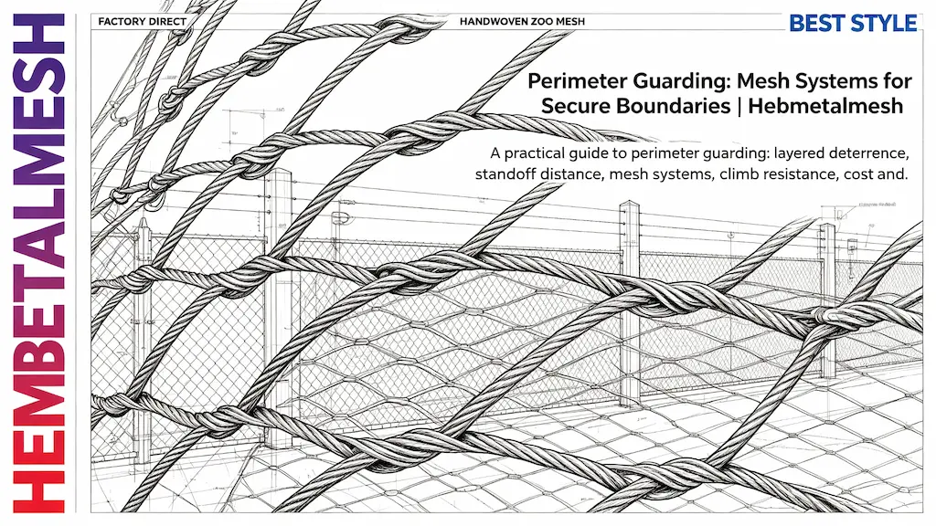 Perimeter guarding mesh systems for secure boundaries – layered deterrence, standoff distance, climb resistance and cost guide by Hebmetalmesh; engineering line drawing of full-coverage hand-woven stainless steel cable netting on security fencing installation.