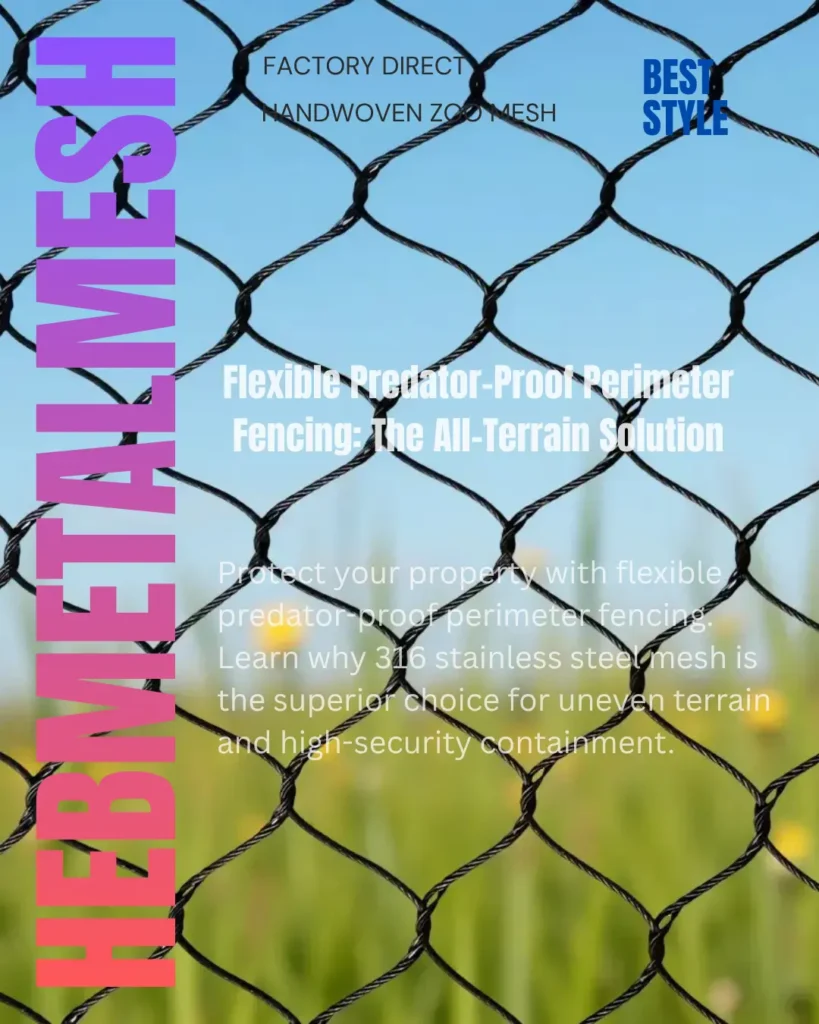 Black oxide flexible predator-proof perimeter fencing made of 316 stainless steel mesh, shown against a natural field to demonstrate high transparency and all-terrain security.