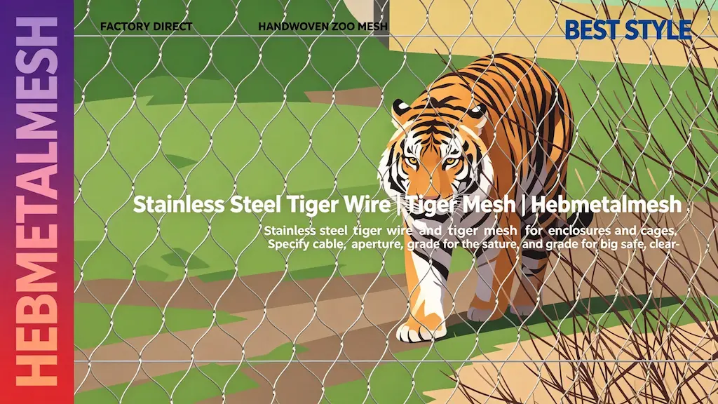 Stainless steel tiger wire and tiger mesh by Hebmetalmesh – flat vector illustration of a tiger walking behind handwoven stainless steel rope netting for zoo enclosures and big-cat cages.