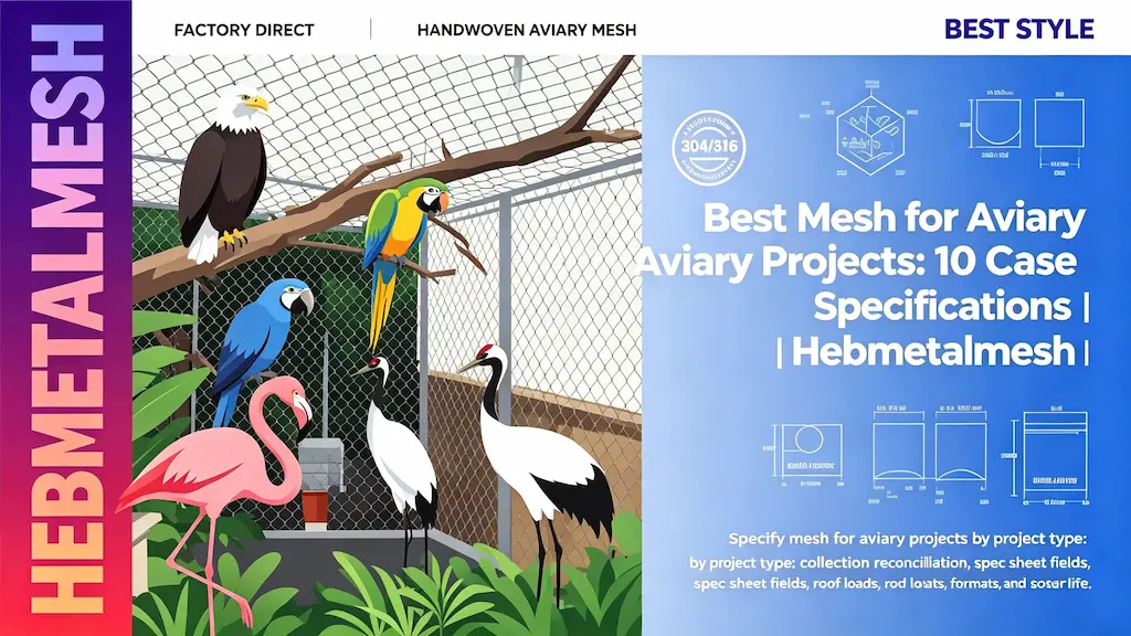 Best mesh for aviary projects: 10 case specifications by Hebmetalmesh. Handwoven stainless steel rope mesh for eagle, parrot, flamingo, peacock and crane enclosures, with technical drawings covering roof loads, panel sizes and sourcing.