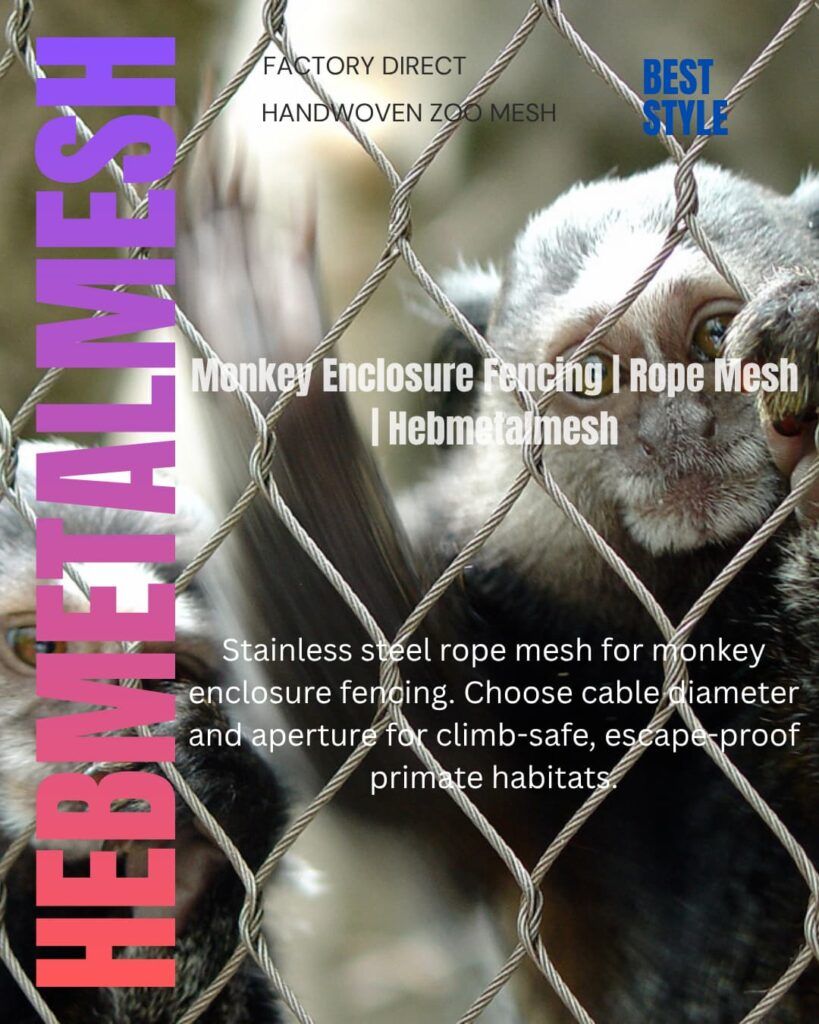Small monkey climbing on hand-woven stainless steel rope mesh monkey enclosure fencing with diamond aperture grid