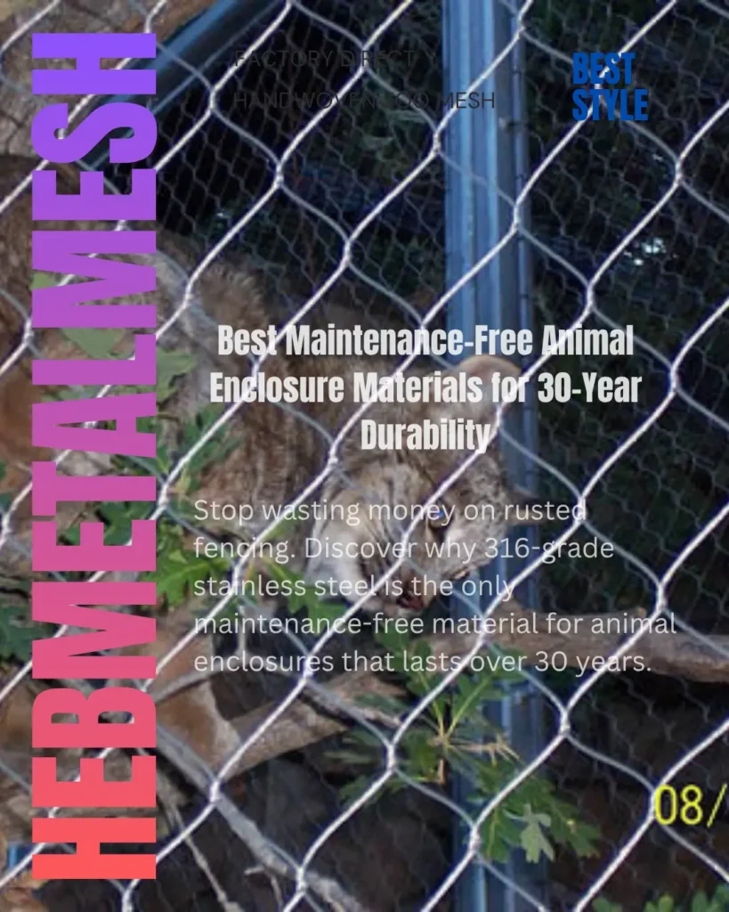 A wild cat resting behind a high-durability, 316-grade stainless steel rope mesh enclosure, showcasing maintenance-free fencing for zoos