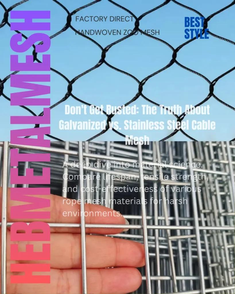 Side-by-side comparison of stainless steel rope mesh with a black-oxide finish against a rigid galvanized square wire grid, illustrating differences in flexibility and construction for material science analysis.