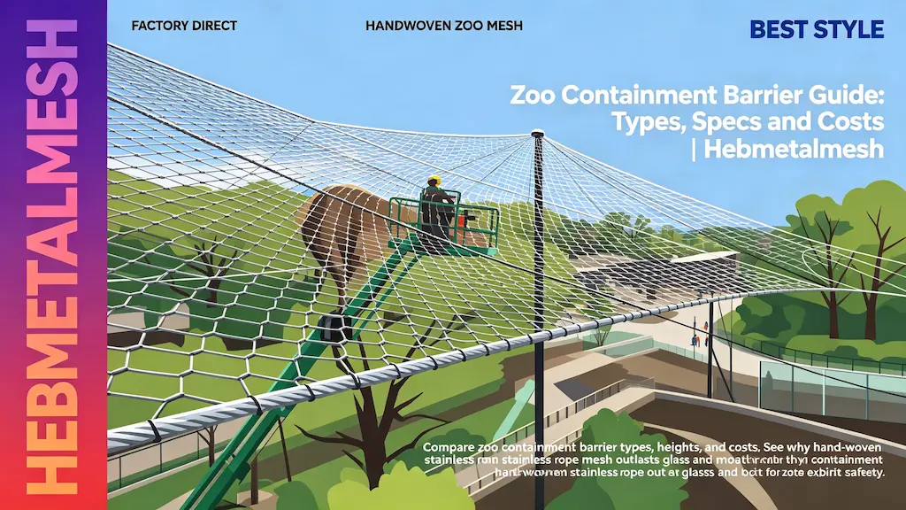 Zoo containment barrier guide – compare types, specs and costs of hand-woven stainless rope mesh vs glass and moats by Hebmetalmesh; flat vector illustration of a large zoo animal enclosure with stainless steel wire rope netting and visitor walkway.