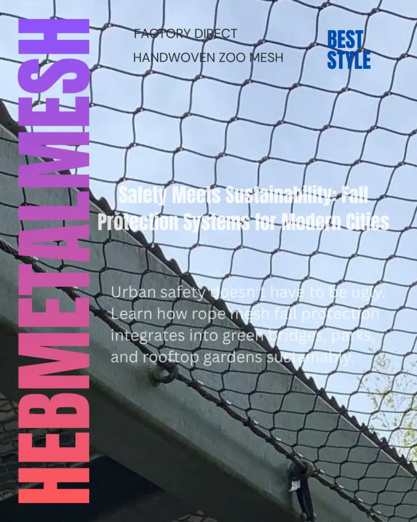 An angled close-up view looking up through a stainless steel cable rope mesh barrier tensioned over an urban walkway, demonstrating a durable and transparent fall protection system with overlays for Hebmetalmesh