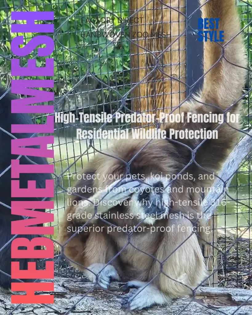 A high-tensile 316-grade stainless steel wire mesh enclosure protecting wildlife, illustrating a secure, transparent barrier for residential predator-proof fencing.