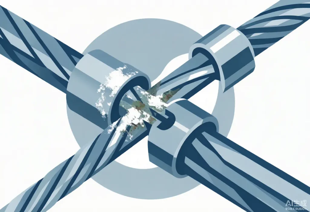 Stainless cable ferrule showing chalky white galvanic corrosion and a loosened crimp opening the aperture