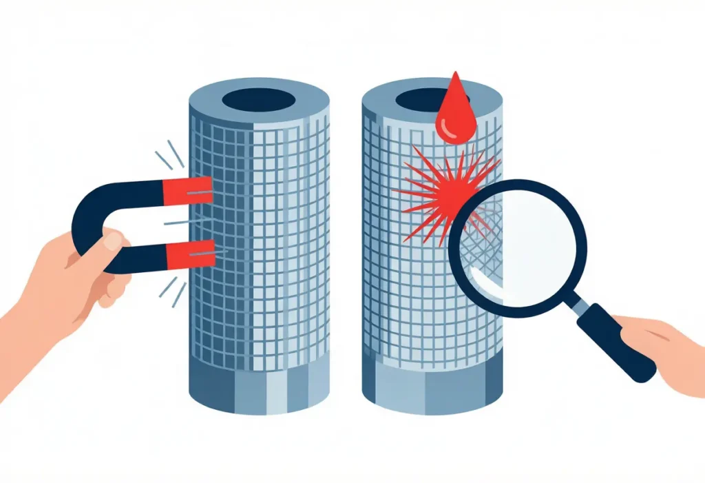 Two stainless steel mesh rolls being tested: a magnet sticks hard to one while a chemical drop turns red on the other