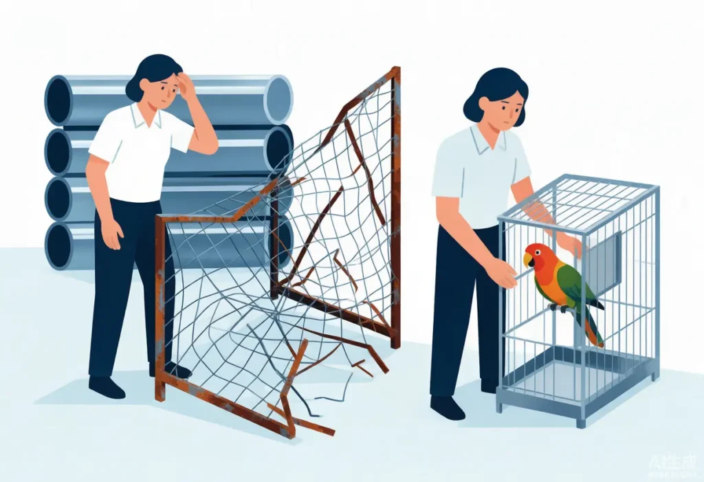 Quality control inspector checking a delivered aviary mesh roll with caliper, magnet, dropper bottle, and scale