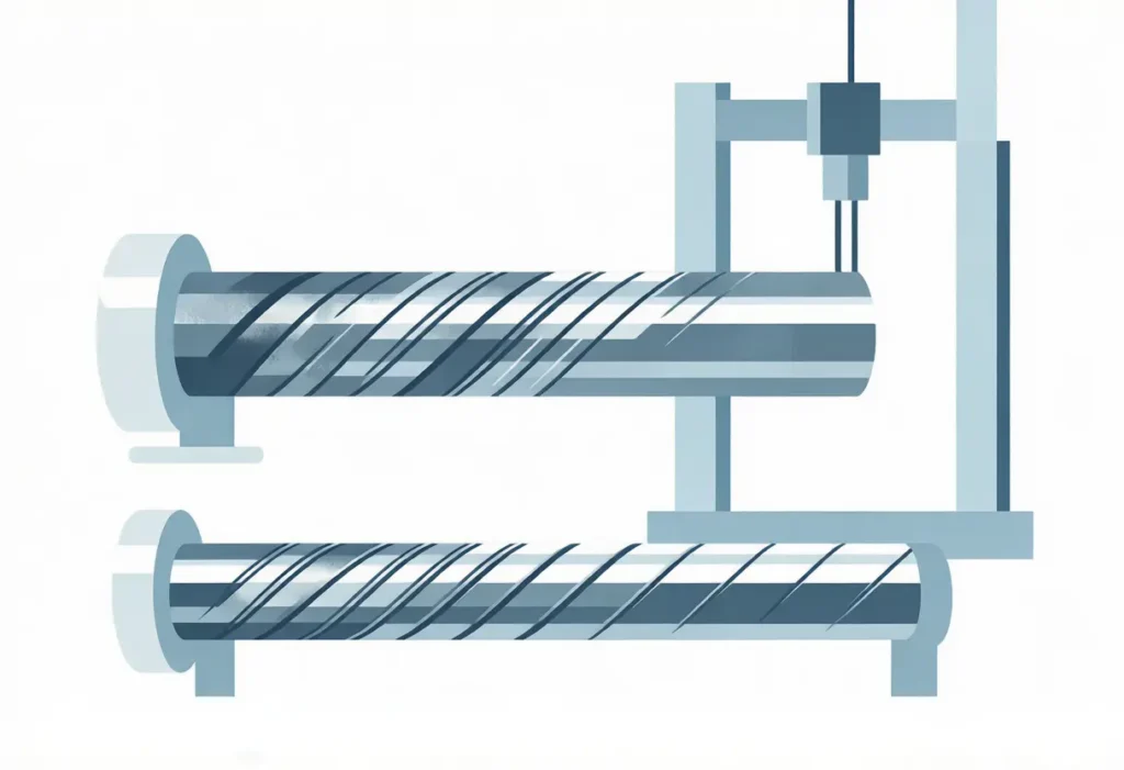 Side-by-side of uneven recycled wire with scratches versus smooth new cable, with a tensile test machine in back