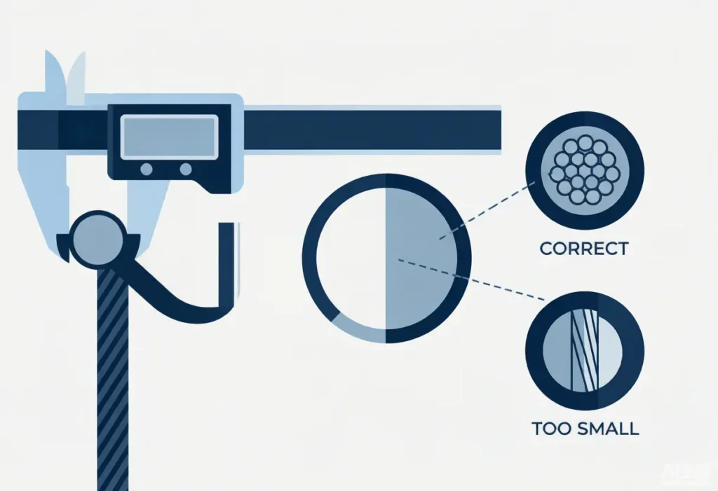 Digital caliper measuring stainless steel cable diameter beside a cross-section diagram highlighting material loss