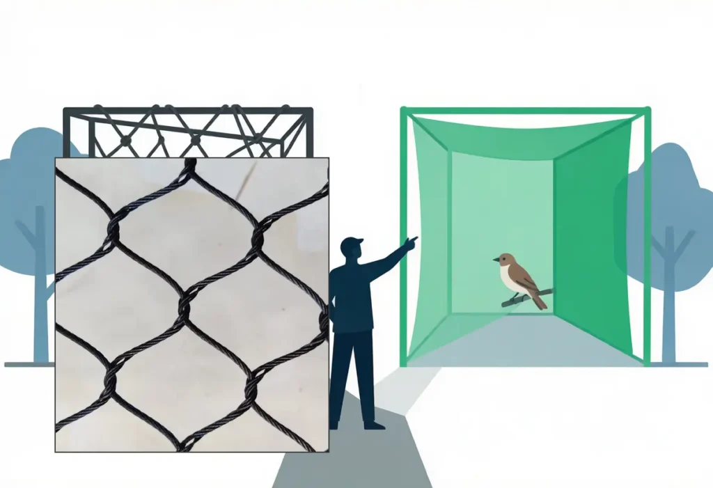 A keeper at a fork in the path — one route to a permanent aviary of real black-oxide stainless steel rope mesh, the other to temporary HDPE netting