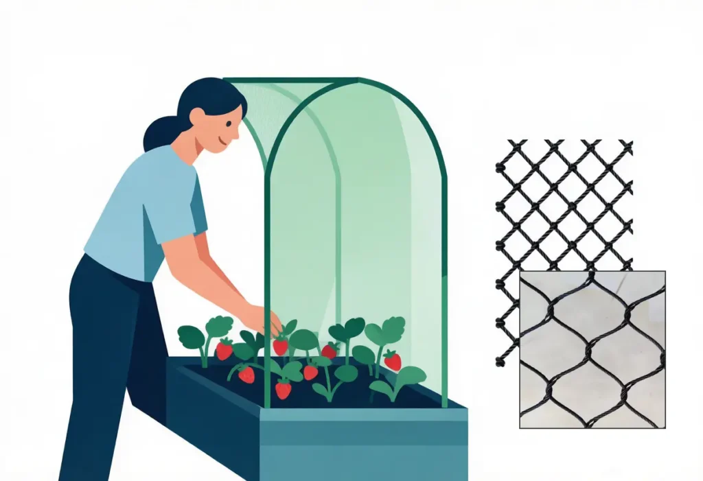 A low-cost HDPE fruit cage for strawberries with a small real stainless steel rope mesh sample shown for contrast