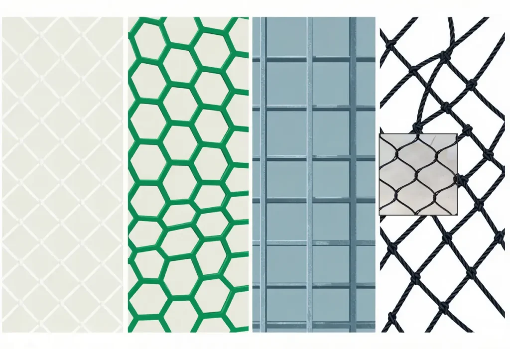 Four bird-netting material samples side by side — nylon, UV-stabilized HDPE, galvanized welded wire, and a real black-oxide stainless steel rope mesh panel
