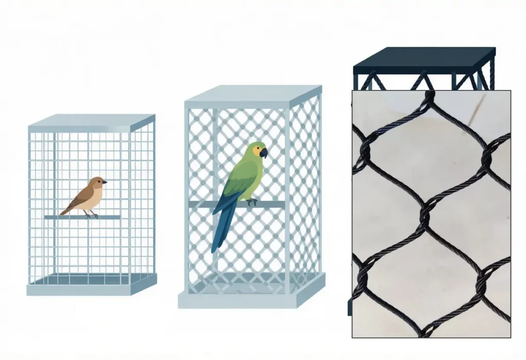 Three aviaries with different mesh apertures — a finch in fine mesh, a parrot in medium mesh, a macaw behind coarse real stainless steel rope mesh