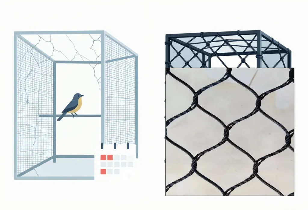 A plastic-netted aviary replaced repeatedly versus a single permanent aviary built with real black-oxide stainless steel rope mesh