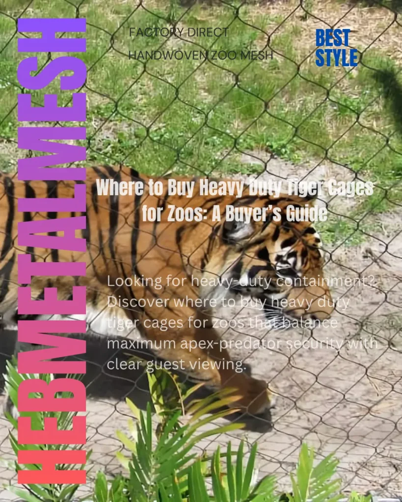 A large tiger pacing along the perimeter of an open enclosure with woven stainless steel mesh, demonstrating load distribution and preventing stereotypical behavior.