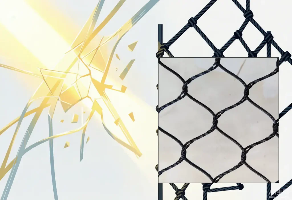 Sunlight breaking plastic net into brittle strands while a real black-oxide stainless steel rope mesh panel stays intact