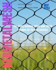 Close-up of a diamond-patterned stainless steel rope mesh trellis used for vertical garden facades, set against a blurred green meadow and blue sky background.